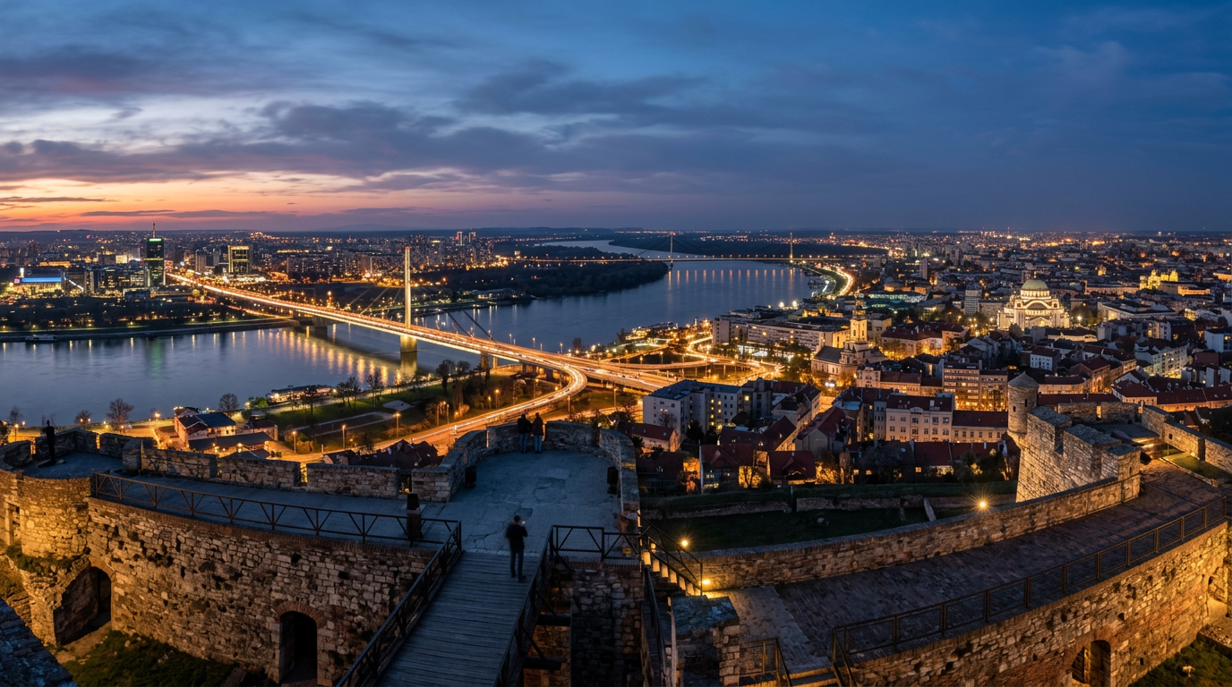 Belgrade Fortress above the confluence of the Sava and Danube at dusk